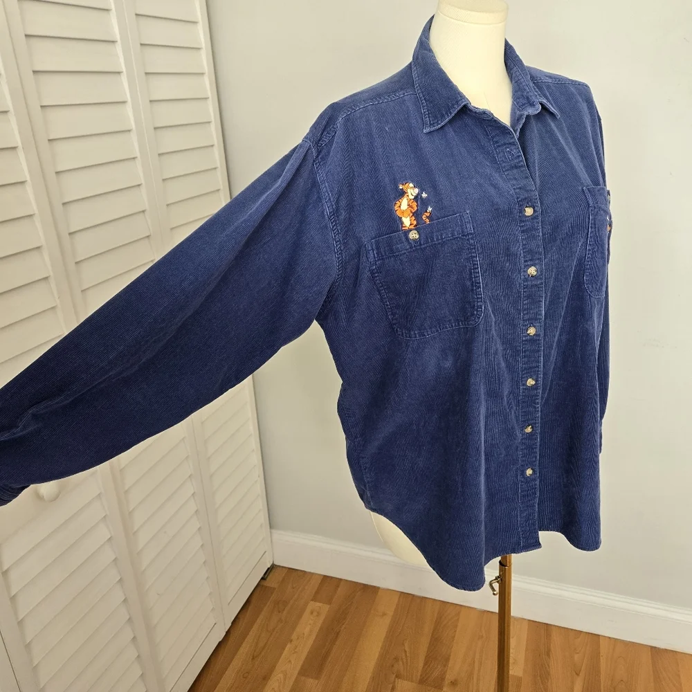 Vtg Disney Pooh Navy Embroidered Corduroy Button-up Shirt XL Cottagecore Retro - Picture 5 of 13